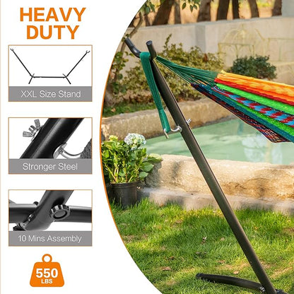 PNAEUT Double Hammocks with Stand for Outside, Portable Space Saving Heavy-Duty Steel Stand for Indoor Outdoor Patio (Mayan Rainbow)