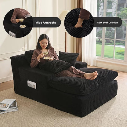 63" Chaise Lounge Chair Indoor, Set of Convertible Sleeper Sofa Couch with Throw Pillows & Side Pockets, Corduroy Upholstered Oversized Sofa Bed with Armrests for Living Room Bedroom, Black