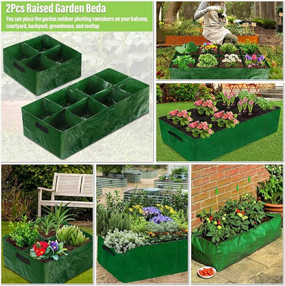 Fabric Raised Garden Bed, 2 Pack 8 Grids and 4 Grids, 128 Gallon Rectangle Grow Bags with Drainage Holes, Breathable PE Planting Containers for Outdoor Vegetables Fruits Flowers