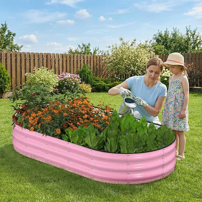 Raised Garden Bed, 6x3x1ft Galvanized Outdoor Planter Beds with Safety Edging and Gloves, Oval Metal Planter Box for Gardening Vegetables Flowers Herb-Blossom Pink
