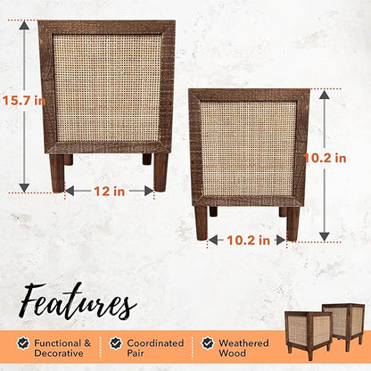 Autumn Alley Rustic Boho Large Indoor Planter - Rattan Planter Boxes Outdoor Set of 2 – Wooden Indoor or Outdoor Plant Box Stands – Decorative Square Woven Rattan Flower Pots for Home & Office