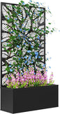 Outsunny Metal Raised Garden Bed with Trellis for Climbing Plants, Freestanding or Wall Mounted Flower Bed with Privacy Panel, Small Leaves Cut-Outs Outdoor Planter Box for Garden, Patio, Balcony