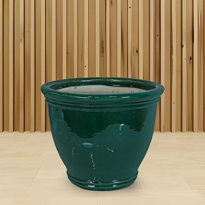 Sunnydaze Large Ceramic Plant Pot - Round Outdoor Glazed Ceramic Planter Pot with Drainage - Studio - Dark Green - 15"