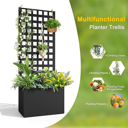 FENCY Metal Planter Box with Trellis, Planter Trellis for Climbing Plants Vegetable Vines, Trellis with Planter Box & Privacy Screen, Raised Garden Bed with Drainage Holes (23.6" L x 63" H/Lattice)