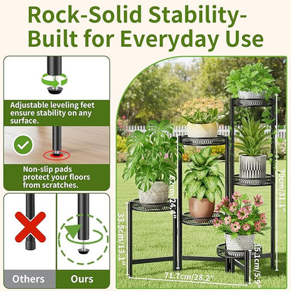 6 Tier Large Plant Stand Indoor with 7.9-Inch Wide Drainage Tray, Tiered Corner Metal Outdoor Flower Display Holder Shelf, Folding Tall Rack for House Patio Porch Balcony Graden - BlackFlower