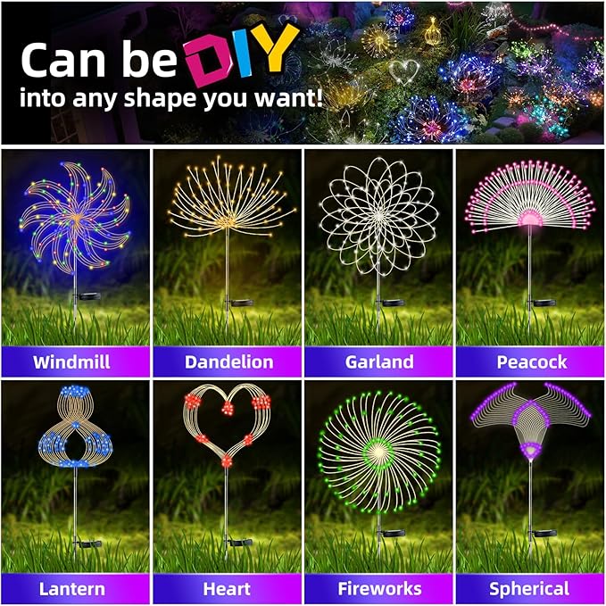 YOTOZU 2 PCS Solar Firework Light, Outdoor Solar Garden Decorative Lights 120 LED Powered 40 Copper Wires String DIY Landscape Light for Walkway Pathway Backyard Decoration Parties Perfect Gifts(Red)