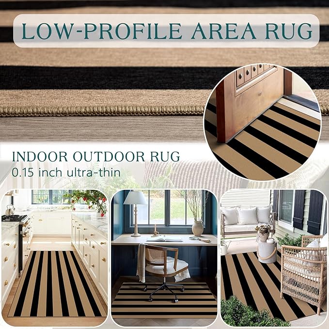 Outdoor Rug, Brown and Tan Striped Door Mat, 3 x 5 Ft, Machine Washable