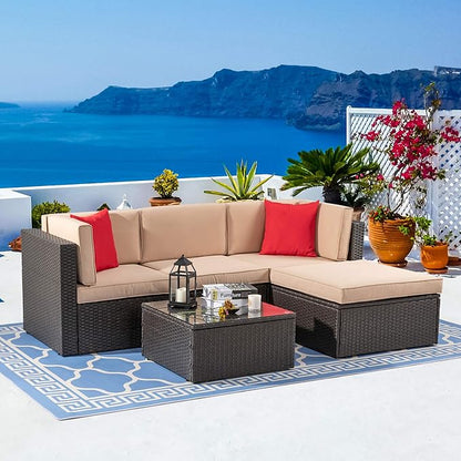 Vongrasig 5 Piece Patio Furniture Sets, Outdoor Patio Set Sectional Sofa, All-Weather PE Rattan Outdoor Couch with Ottoman, Glass Table for Garden, Backyard, Porch, Beige