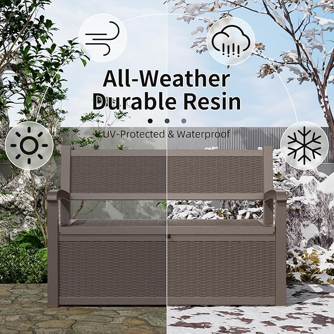Storage Bench 80 Gallon Resin Deck Box, Gray, Lock-Ready