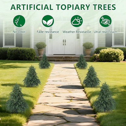 Artificial Cypress Topiary Cedar Trees with Ground Spike, 2 Pieces Fake Pine Shrubs Bushes, UV Resistant Faux Evergreen Tree Plants for Indoor Outdoor Planters Front Porch