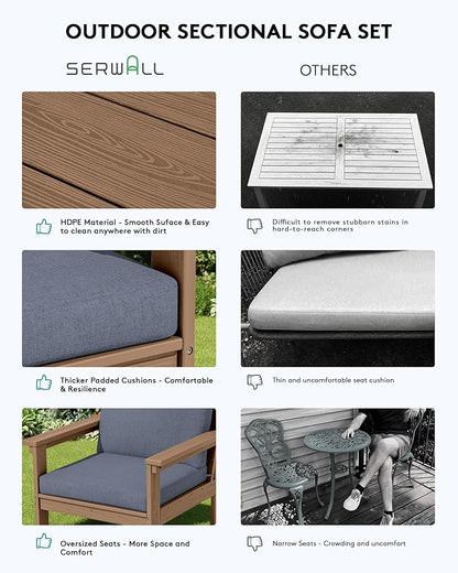 SERWALL HDPE Patio Sofa Set, 3-piece Sectional Outdoor Furniture Set, All Weather Outdoor Couch Set Patio Furniture Set for Deck, Lawn, Brown Frame with Grey Cushion
