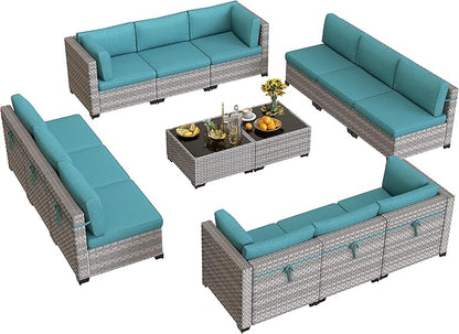12-Seat Modular Patio Furniture Set – Outdoor Wicker Sectional Sofa with Thick 4″ Cushions, Dual-Strand PE Rattan, Rust-Resistant 18 mm Steel Frame, Backyard Garden Deck Lounge,Blue
