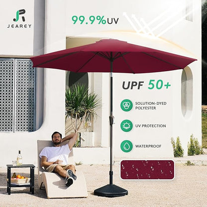 JEAREY 9FT Outdoor Patio Umbrella Outdoor Table Umbrella with Push Button Tilt and Crank, Market Umbrella 8 Sturdy Ribs UV Protection Waterproof for Garden, Deck, Backyard, Pool (Brick Red)