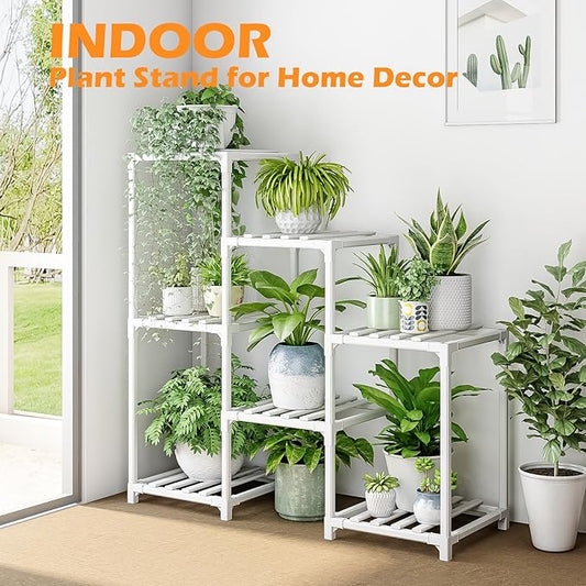 Indoor Plant Stand Outdoor Shelf Bamboo Plant Table for Multiple in White