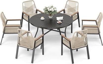 7 Pieces Patio Dining Set, 6 x Woven Rattan Chairs with Waterproof Cushion, 54” Metal Round Dining Table with Umbrella Hole, Outdoor Table and Chairs Set for Backyard Lawn and Deck