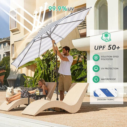 JEAREY 9FT Outdoor Patio Umbrella with Solar Lights, LED Lighted Pool Umbrella with Tilt and Crank, Outdoor Table Umbrellas for Deck, Yard & Market (Blue White Striped)