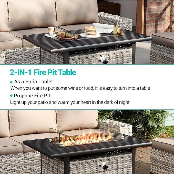 9-Piece Outdoor Patio Furniture Set with 55,000 BTU Fire Pit Table, PE Wicker Rattan Sectional Sofa Patio Conversation Set with Ottomans & Coffee Table, Sand