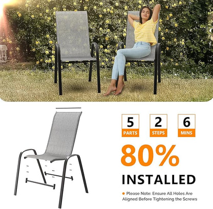 VINGLI Set of 2 Stackable Outdoor Bar Stools – Sling Chairs with High Back & Armrests, for Lawn, Garden, Bar, Grey