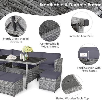 Tangkula 7 Pieces Patio Furniture Set, Outdoor Sectional Rattan Dining Sofa Set with Cushions, All Weather Wicker Conversation Couch Set with Dining Table & Ottomans for Yard Garden Poolside, Grey