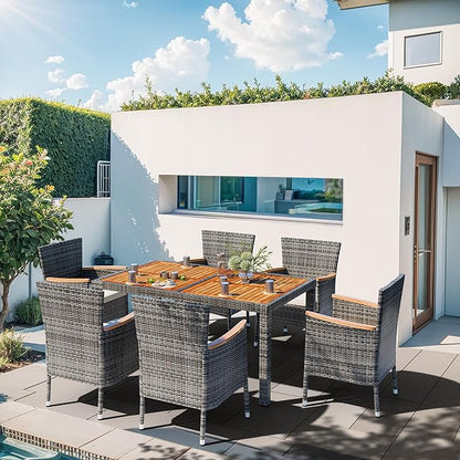 Shintenchi 7 Piece Patio Dining Set, Wicker Patio Conversation Set with Wooden Table Top, Outdoor Table and Chairs with Soft Cushions for Backyard, Deck and Garden, Grey Wicker