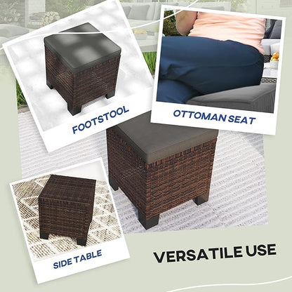 Outsunny 2 Pieces Outdoor Patio Ottomans, All Weather Wicker Outdoor Footstools with Removable Cushions, 3-in-1 PE Rattan Ottoman Seat, Footrest and Side Table for Backyard, Poolside, Gray