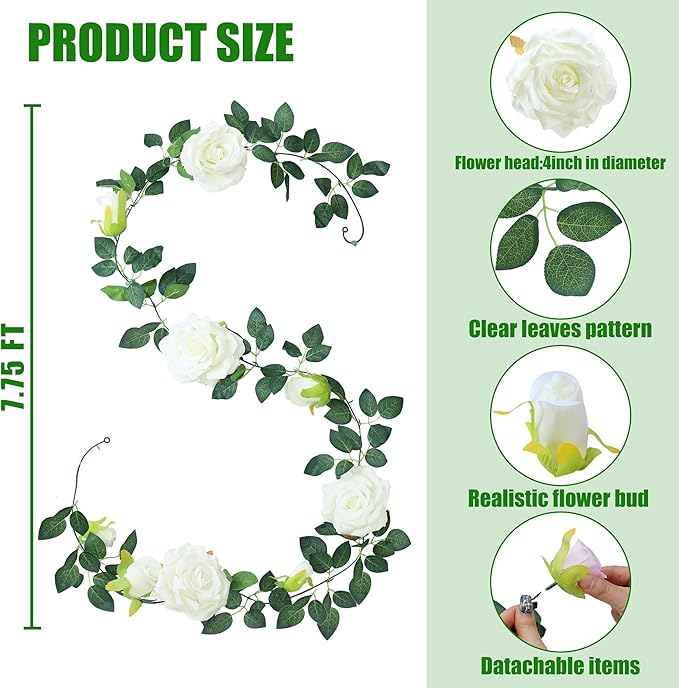 Artificial Plants Greenery: White Silk Rose Vine Garlands, 6 Pack, 7.75 Ft