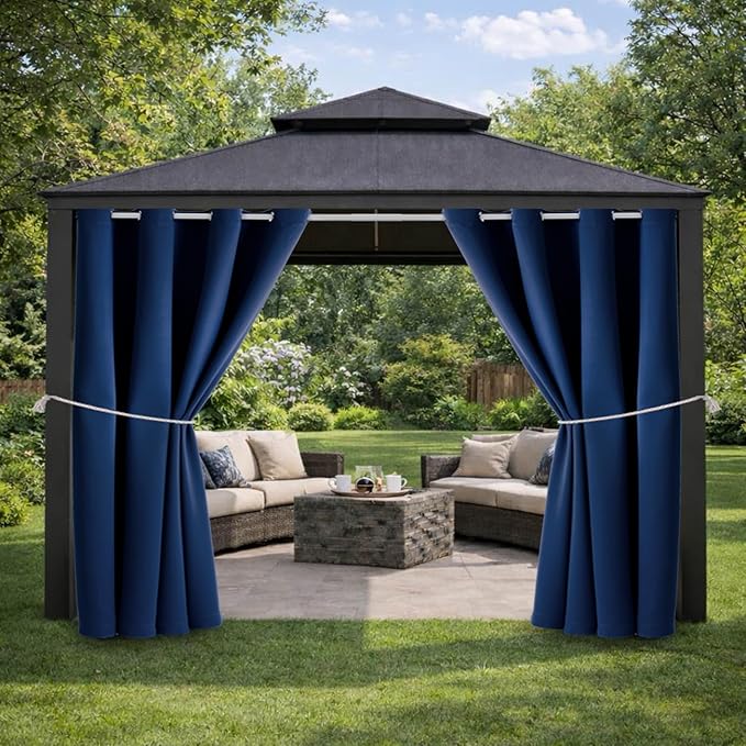 Water Proof Outside Curtains with Grommet Top for Porch, W52 x L120 Thermal Insulated Washable Light Block Outdoor Divider Drapes for Patio Gazebo Deck Pool Area Pergola Cabana (Navy, 2 Panels)