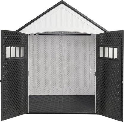 Rubbermaid Resin Outdoor Storage Shed With Floor (7 x 7 Ft) Weather Resistant, White, Organization for Home/Backyard/Garden Tools/Lawn Mower/Bike Storage/Pool Supplies