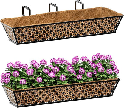SPECILITE 30" Window Boxes Planters, Heavy Duty Metal Railing Planter Boxes, Adjustable Balcony Planters for Railing Hanging, with Coco Liner & Tool Set for Deck, Porch, and Patio Gardening (2 Pack)