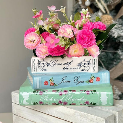 Small Book-Shaped Decorative Planter - Ceramic Vase for Flowers - Cute Bookshelf Home Bedroom Office Decor - Unique Classic Titles Bookstack Housewarming Gifts for Book Lovers