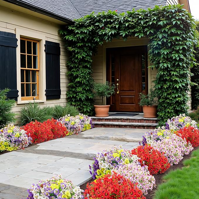 12 Bundles Artificial Pansy Flowers for Outdoor, Faux Silk Pansies Spring Flowers for Outside for Planter Front Door Porch Patio Yard Window Box Home Decor (Purple, Yellow, White,Red)