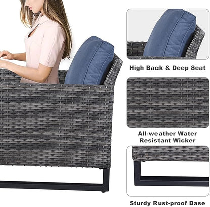 Belord 7 Piece Outdoor Furniture Patio Wicker Sofa Set, Oversize Outdoor Dining Chairs with Rattan Ottomans, Conversation Sets Patio Furniture Come with Removable Washable Cushion Blue