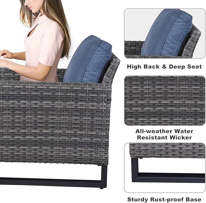 Belord Oversize Patio Chairs Set of 2 Outdoor Wicker Dining Chairs, All-Weather Rattan Patio Club Chair Furniture Sets with Water-Resistant Cushion Anti-Rust Frame Blue