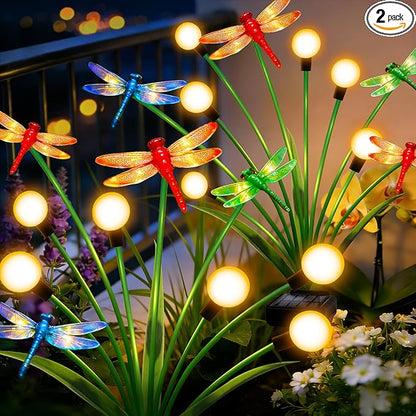 Solar Garden Lights Outdoor - 2 Pack Dragonfly Solar Swaying Light, Sway by Wind, Firefly Lights Outdoor Yard Patio Pathway Decoration, Big Bulb, High Flexibility Iron Wire & Realistic Dragonflies