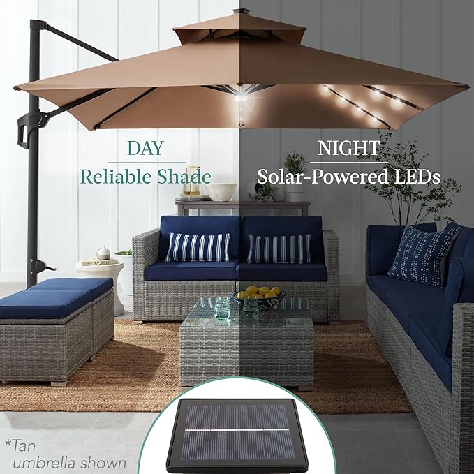 Best Choice Products 10x10ft Cantilever Patio Umbrella w/Base Included, Solar LED Lights 360 Rotation Large Offset Hanging Outdoor Shade for Deck Pool Backyard w/Stand – Orange