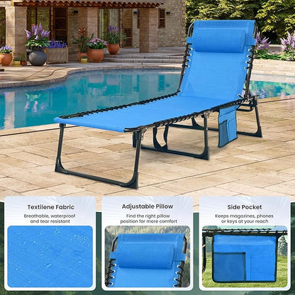 Folding Chaise Lounge Chair 2 Pack - 400lb Capacity, 5-Position Adjustable Recliner with Pillow | Portable for Patio, Pool, Camping & Sunbathing (Blue)