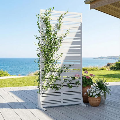Casaphoria Metal Privacy Screen Outdoor, 72" H x 35" W Freestanding Decorative Privacy Screen for Patio Deck Balcony Garden with Stable Base, White-Benjamin