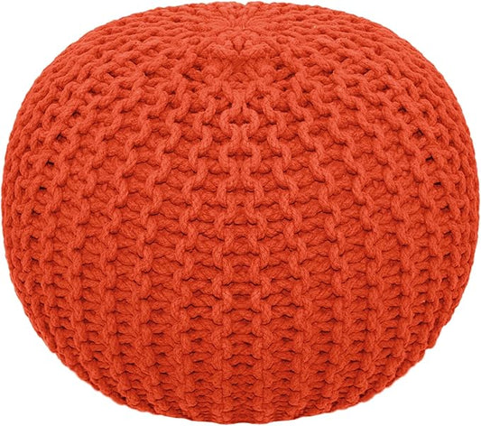 COTTON CRAFT Round Pouf - Hand Knitted Cotton Braid Cord Cable Dori Ottoman - Foot Stool Floor Pouf Footrest Accent Seat Furniture Bean Bag - Living Room Kids Room Nursery Dorm Décor - 20x14 - Orange