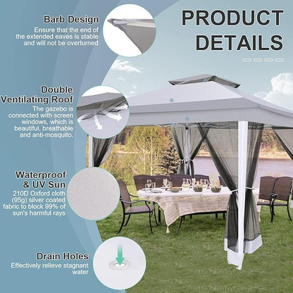 COBIZI 12x12 Pop up Gazebo on Clearance with Mosquito Netting, carpas para Patio Deals, Outdoor Canopy Tent with Portable Carrying Bag, Patio Gazebo for Garden Backyard & Lawn & Beach, Grey