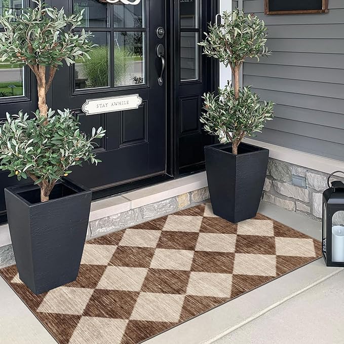 Outdoor Rug with Brown Beige Harlequin Pattern, 2 x 4.3 ft