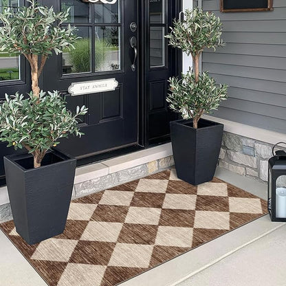 Outdoor Rug with Brown Beige Harlequin Pattern, 2 x 4.3 ft