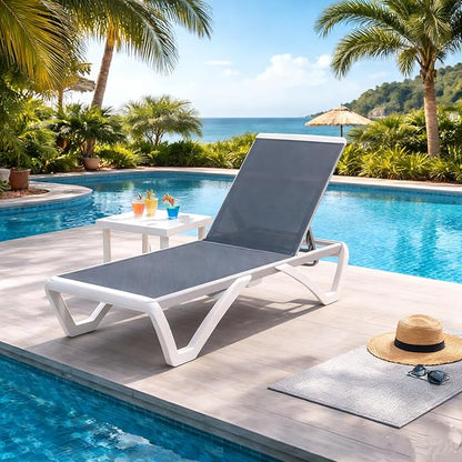 Kozyard Outdoor Chaise Lounge Chair, Full Flat Adjustable Patio Lounger with Aluminum Frame & Resin Legs, Textilene Fabric for Poolside, Backyard & Beach (Gray, Chair with Table)