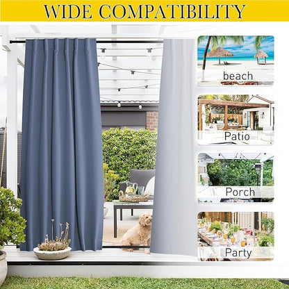 NICETOWN 2 Panels Outdoor Curtains Waterproof Pocket & Back Tab on Top & Bottom, Thermal Insulated Windproof Sun Blocking Outside Privacy Drapes for Patio with Fixed Rope, W84 x L84, Stone Blue