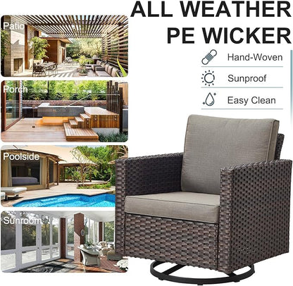 Belord 5 Pieces Wicker Patio Furniture Set: 4 Outdoor Swivel Glider Rocker Patio Conversation Set with 50000BTU Propane Fire Pit Table, All Weather Grey Rattan Anti-Rust Frame, Brown Cushion