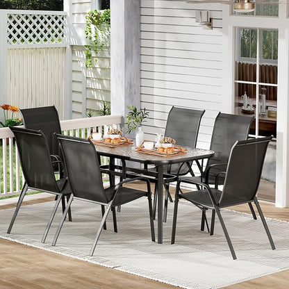 TLSUNNY 7 Pieces Patio Dining Set, Outdoor Table and Chairs W/1.69″ Umbrella Hole, 30"X 55" Table and Stackable Textilene Chair, All Weather Patio Furniture Set (Umbrella not Included) (Black)