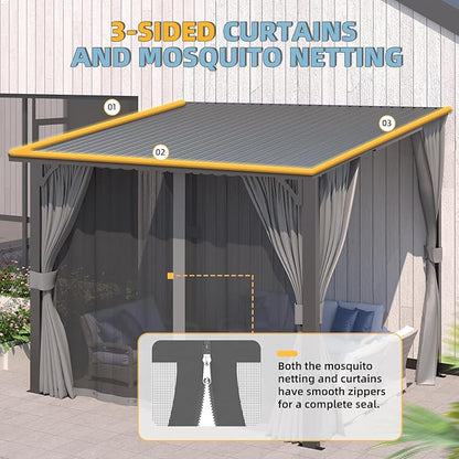 AECOJOY 12'x8' Outdoor Hardtop Gazebo Pergola with Curtains and Netting for Patio, Large 8x12 Steel Heavy Duty Lean to Wall-Mounted Pergolas and Grill Gazebos Clearance, Metal Roof Awnings for Decks