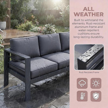 Kiss the Water Outdoor Couch Aluminum Patio Furniture Sofa, 3 Seat All-Weather Metal Patio Couch with 5" Thick and Soft Cushion and Wide Arm, Outdoor Sofa for Balcony, Porch