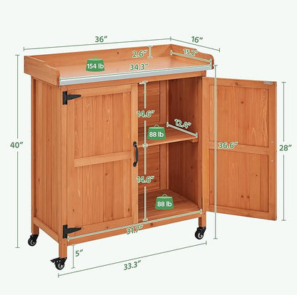 Yaheetech Garden Potting Bench Table - Outdoor Garden Patio Wooden Storage Cabinet & Solid Wood Planting Work Bench with Large Space Storage & Metal-Plated Tabletop, Brown