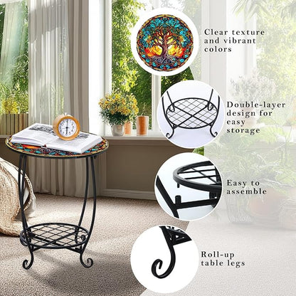 Outdoor Side Table Round Small Mosaic Patio Accent Indoor End Plant Coffee Tea Table for Yard Patio Porch Garden Living Room, Bedroom(Tree of Life Style,18 Inch)