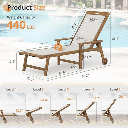 LUE BONA Chaise Lounge Chair Outdoor Set of 4, HDPS and HDPE Wicker Chaise Lounger with 5 Positions, Pool Lounge Chairs with Wheels and Adjustable Backrest for Patio, Poolside, Deck, Backyard